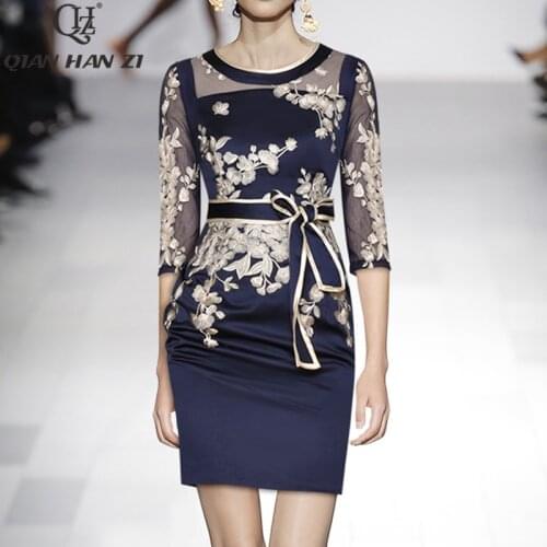 Qian Han Zi designer fashion plus size dres 2020 Womens 3/4 Sleeve Elegant flower embroidery belt slim bodycon dress