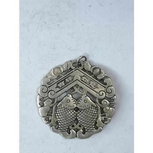 YIZHU CULTUER ART Collection Old Chinese Tibet Silver Hand-made bat Fish Amulet Necklace Pendant