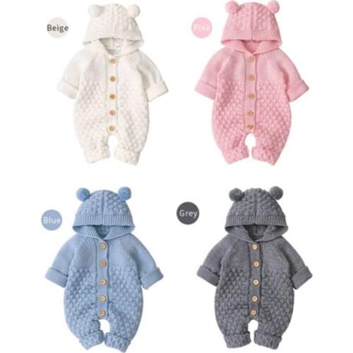 0-24M Toddler Baby Clothes Knitted Sweater Jumpsuits Soft Warm Romper Boys Girls Hooded Bear EarJumpsuits Childrens Clothing