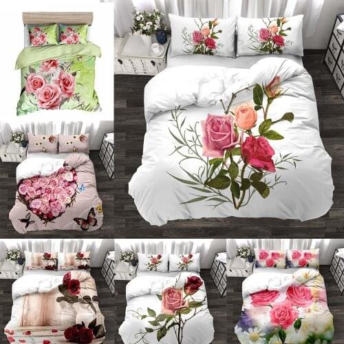 Rose Flower Duvet Cover Set Women Bedding Sets 2/3 Pcs King Queen Sizes Print Comforter Sets Bed Linen Sets Mothers Gifts
