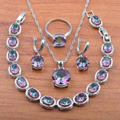 Silver Color Jewelry Sets For Women Wedding Jewelry Rainbow Zirconia Earrings Necklace Rings Bracelet Sets JS0368