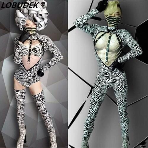Sexy Nightclub Bar Party Stage Costume Male Female Dance Team Show Performance Outfits Zebra Pattern Chain Bodysuit DJ DS Sets