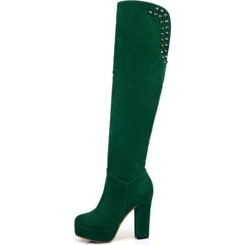 Fashion Knee High Boots Women Soft Velvet Green Brown Long Boot Shoes Block High Heels Platform Winter Boots Lady Large Size 48