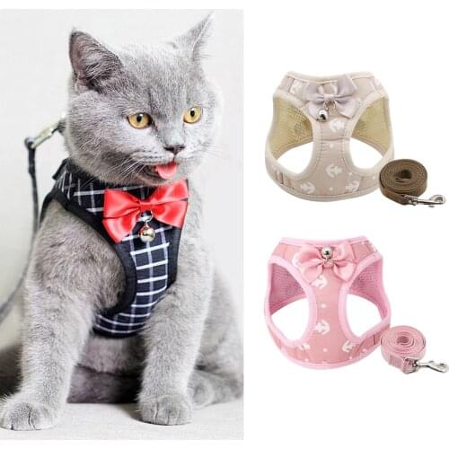 Fashion Anchor Cat Harness and Leash Set Adjustable Chest Strap Vest with Bell Ribbon Bow Walking Lead for Kitten Puppy Dogs