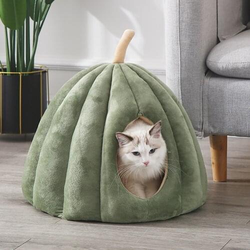 Soft Cat Cave Bed Warm Kennel For Puppy Deep Sleeping Kitten Nest Pumpkin Shape Warming Cats House Washable Mat Pet Accessories