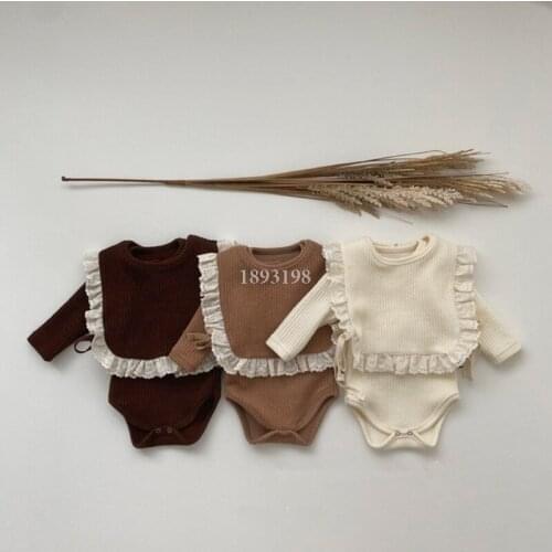 2021 Spring New Baby Girls Romper Saliva Towel Clothing Set Newborn Infants Super Cute Triangle Romper Lace Saliva Clothes Set