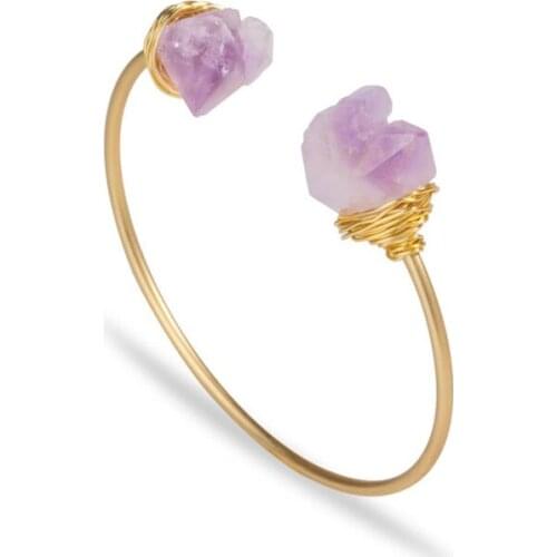 Wholesale 10 Pcs Light Yellow Gold Color Irregular Shape Natural Amethysts Stone Open Bangle Fashion Jewelry