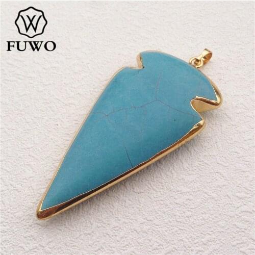 FUWO Wholesale Arrowhead Turquoises Natural Blue Howlite Pendants 24K Gold Electroplate Single Bail Stone Fashion Jewelry PD017