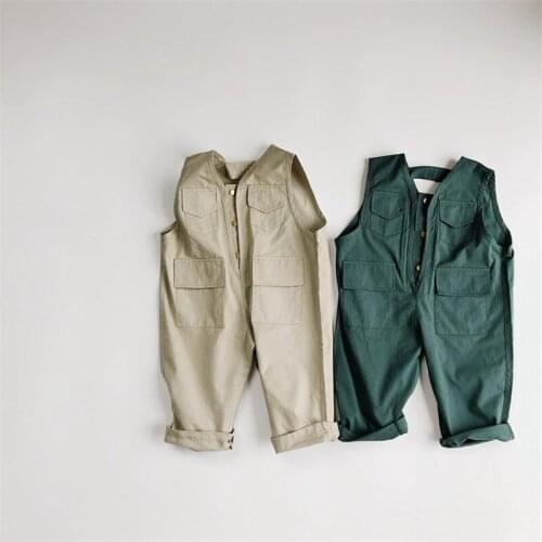 Fall new boys girls cotton solid color sleeveless bodysuits children clothing unisex oversize casual cargo overalls