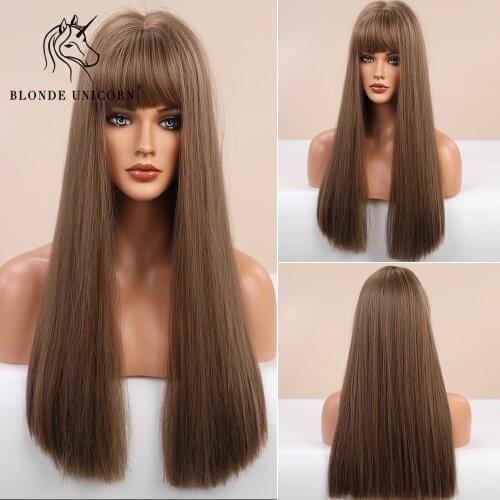 Blonde Unicorn Synthetic Long Straight Dark Brown Wigs with Bangs for Black White Women High Temperature Fibre Hair Daily Use