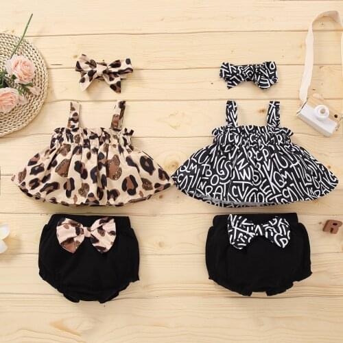 0-12M Infant Baby Girl Clothing 3pcs Leopard Print Spaghetti Straps Tops+Bow Shorts+Headdress for Infants
