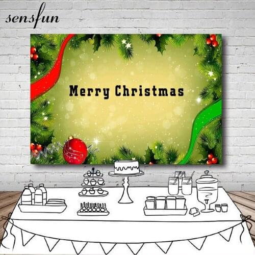 Sensfun Green Christmas Tree Red Ball Photography Background Bokeh Green Theme Merry Christmas Photo Backdrop 7x5ft Vinyl