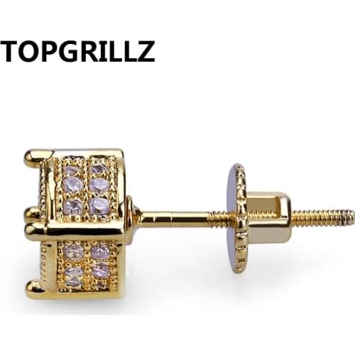 TOPGRILLZ Hip Hop Rock Jewelry Earring Gold Color Iced Out Micro Pave CZ Stone Lab Stud Earrings With Screw Back Gor Men Women