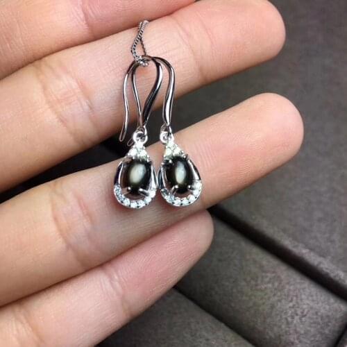 Earring Natural star sapphire stud earrings 4*6mm 2pcs gems Natural and real sapphire 925 sterling silver