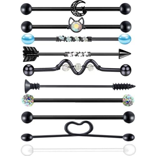 TIANCIFBYJS 14G Industrial Barbell Earring Bar Tongue Nipple Ear Cartilage Tragus Studs Piercing Rings Crystal Body Jewelry 1pcs