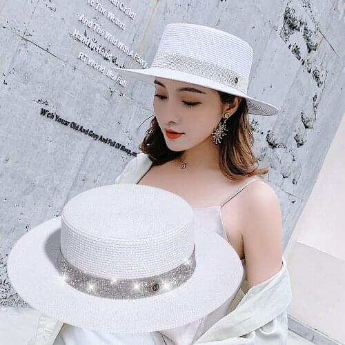 2020 Sun Hat Summer Womens Japanese M Letter Rhinestone Female Flat Top Straw Cap Ladies Sunhat Beach Hats For Women