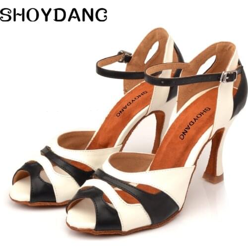 Black White Latin Dance Shoes Imitation Leather Ladies High-heeled Ballroom Dance Shoes Soft Bottom Indoor Party Performance