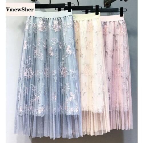 VmewSher New Summer Flower Embroidery Women Skirt Net Yean Floral Lady Elegant Floral Elastic High Waist Pleated Mesh Skirts