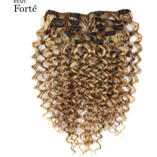 Remy Forte Clip In Human Hair Extensions Kinky Curly Hair Clip Ins 7 PCS P6/613 Blonde Bundles Hair Extension 24 Inch Hair Clip
