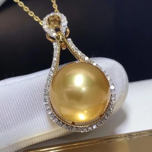 Fine Jewelry 18K Yellow Gold Natural Ocean Golden Pearl 13-12mm Pendant Necklaces for Women FIne Pearls Pendants