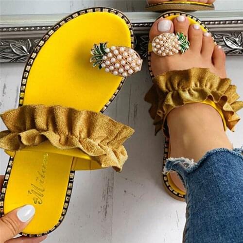 Women Slipper Pineapple Pearl Flat Toe Bohemian Casual Beach Sandals Ladies Shoes Platform 2020 Designer Black Slides Wholesale