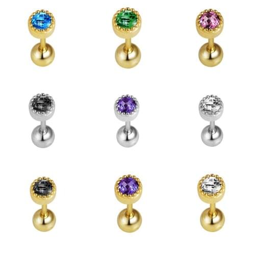 INZATT 1 Pcs Real 925 Sterling Silver Colorful Zircon Round Bead 14k Gold Stud Earrings For Women Punk Fine Jewelry Accessories
