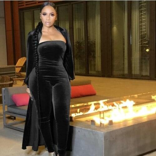 Velvet Sexy Two Piece Set Women Winter Clothes Long Sleeve Cardigan Off The Shoulder Jumpsuit Set Elegant Women 2 Piece Outfits