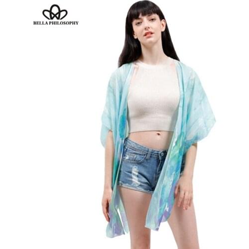 Bella Philosophy summer new women blue flower floral print chiffon long kimono cardigan jacket bikini outwear