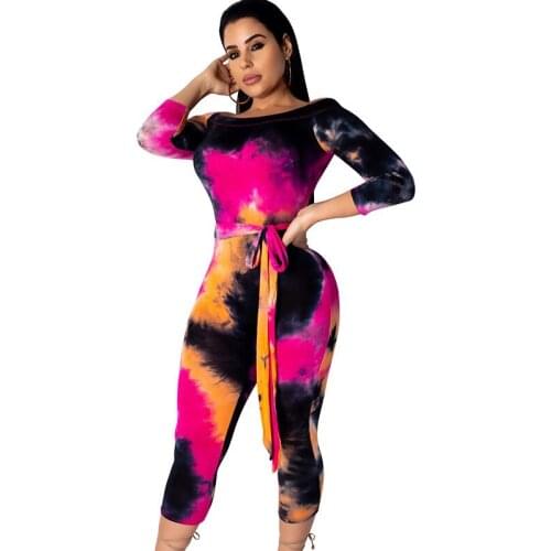 Women Tie Dye Print Jumpsuit Off The Shoulder Skinny Calf-length Pants Bodycon Rompers Casual Fitness One Piece Outfits Sashes