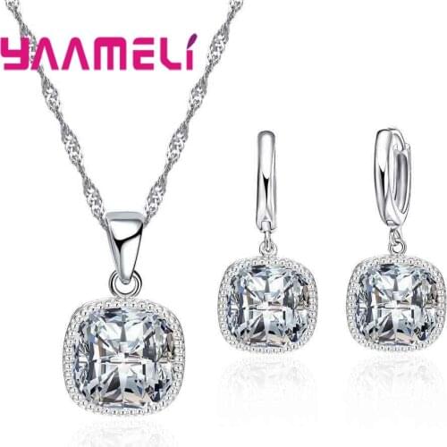 YAAMEL Big Shiny Cubic Zirconia 925 Sterling Silver Necklace Earrings Set Women Female Accessories Jewelry For Party Engagement