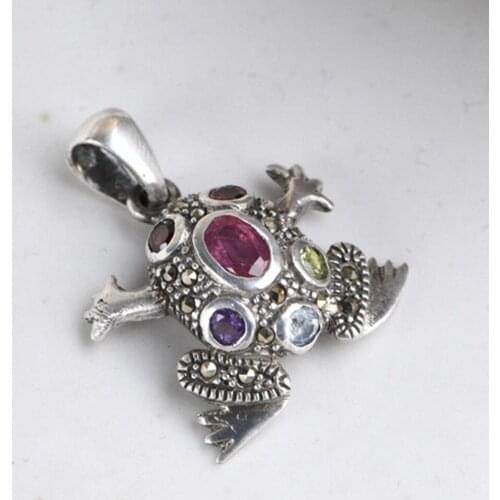 S925 pure silver woman pendant vintage craftsmanship inlaid garnet amethyst, golden toad accessories female Thai silver pendant