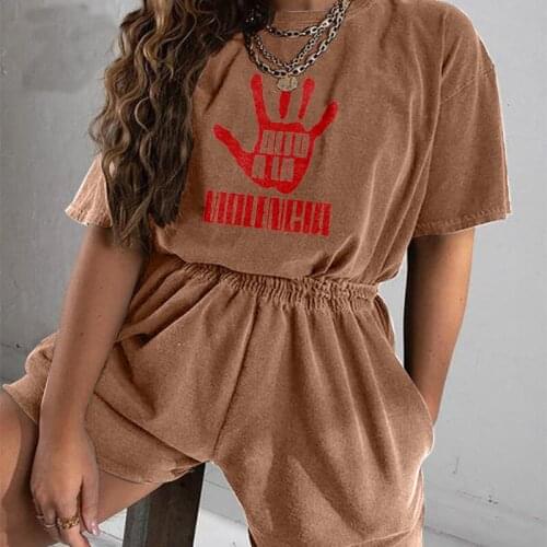 Hand Print Coffee T Shirt Vintage 2 Piece Set Women Fashion Casual Short Sleeve Tops Short Tracksuit Sets 2021 Summer Sweatshirt