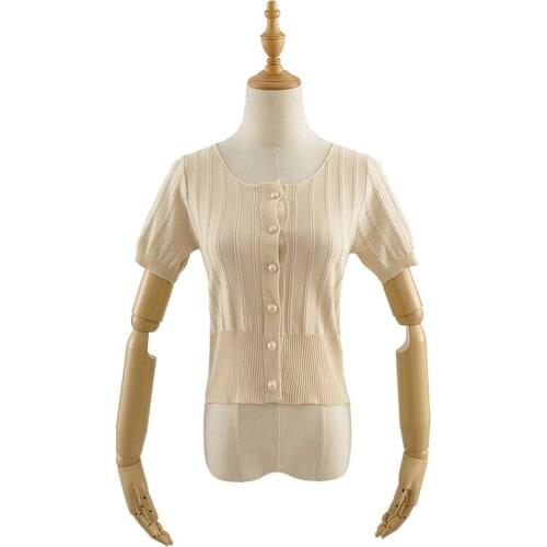 Summer new street solid color short-sleeved knitted cardigan women thin section was thin elastic vertical striped cardigan women