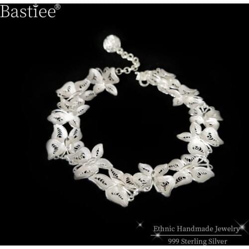 Butterfly 999 Sterling Silver Charm Bracelet Femme Handmade Bracelets For Women Luxury Jewelry Vintage Ethnic Hand Chain armband