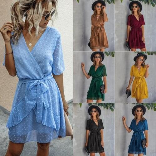 Women Dress 2021 Summer V Neck Short Sleeve Lace Up High Waist Ruffles Mini Dresses Casual Solid Dots Loose Chiffon Dress Female
