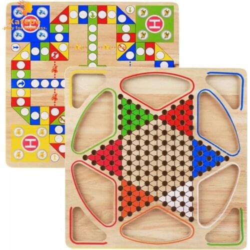 2 in 1 Double-Faced Mini Chess Game Checkerboard Wooden Flying Chess Chinese Checkers Flying Ludo Board Set Kid Family Toy