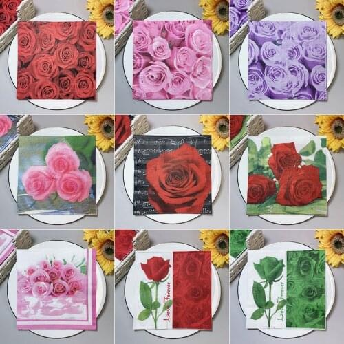 20Pcs/Pack Red Pink Purple Green Rose Table Decoupage Paper Napkins Floral Napkin Paper Tissues for Wedding Party Decor New 2021