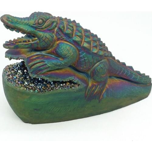 5.1" plated Geode Agate Crocodile Figurine Carved Animal Statue Office Home Decor Healing Crystal