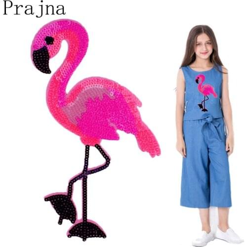 Prajna Large Cute Flamingo Patch Cartoon Iron On Sequin Patches Embroidery Patches For Clothes T-shirt Badge Applique Decor DIY