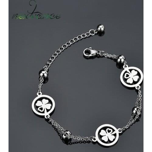Nextvance Four Leaf Clovers Bracelet Stainless Steel Good Lucky Double Link Chain Bracelets For Women Charm Jewelry