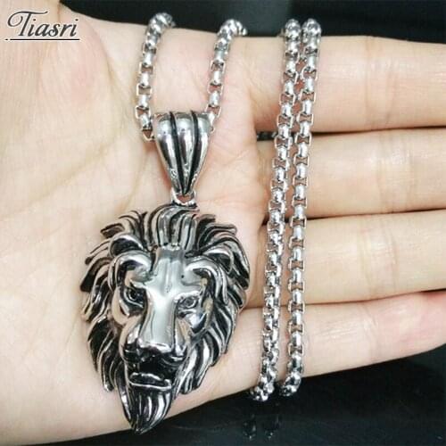 Tiasri Box Chain Lion Head Pendant Necklace For Man Silver Color Stainless Steel Jewelry Accessories Hip-Hop Boys Gift Wholesale