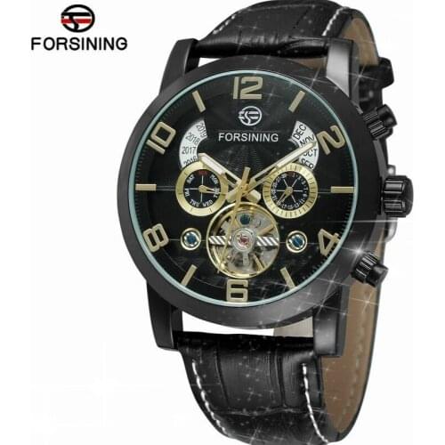 Forsining 2018 Top Brand Watch FSG165M3 Tourbillion Men Black Genuine Leather Strap Stainless Steel Buckle Casual Wristwatches