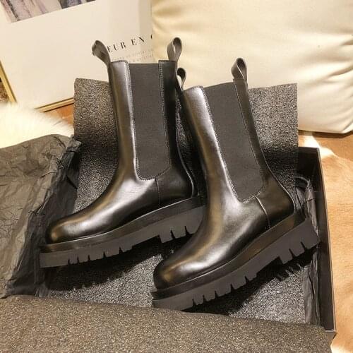 MONMOIRA Black Punk Platoform Chelsea Boots Women Slip on Solid Mid-Calf Motorcycle Boots Women Designer Winter Shoes Women