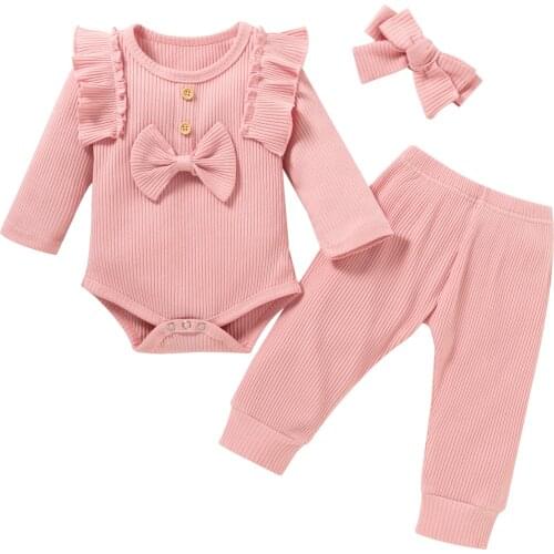 Childrens Clothing 2021 Newest Solid Color Ruffle Long Sleeves Romper Elastic Waist Pants Headband Baby Girl Clothes 0-24Months