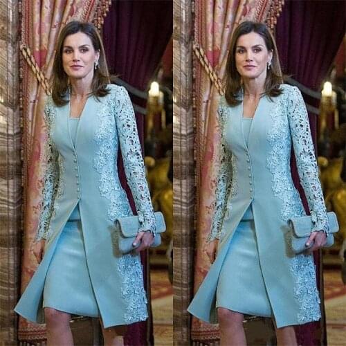 Two Pieces Knee Length Mother Of The Bride Dresses With Lace Long Jacket Light Sky Blue Sheath Groom Mothers Evening Formal Wear