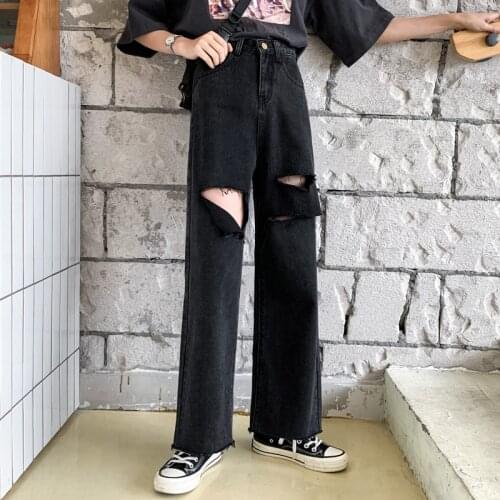 Streetwear high waist womens fashion jeans woman ripped hole women wide leg pants trousers female denim black mom jeans