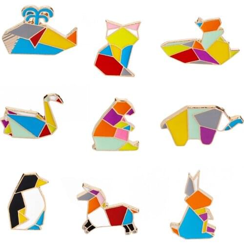 Origami Enamel Pin colorful geometry pins and broches geometry Stitching Badge Brooches whale fox squirrel swan penguin shapes