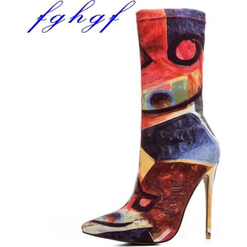 Fghgf 2018 12 cm high, pointed, sexy color elastic ankle boot, sizeUS 5-10.5