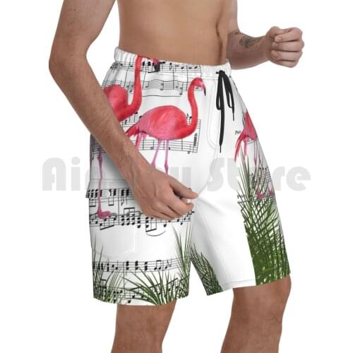 Flamingo Dance Beach Shorts Men Beach Pants Swimwear Digital Collage Art Sheet Music Art Flamingo Design Flamingo