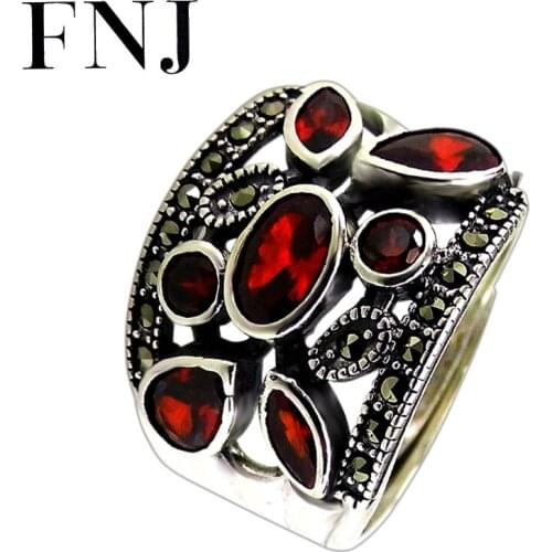 FNJ 925 Silver Ring Red Cubic Zircon New Fashion MARCASITE Original S925 Sterling Silver Rings for Women Jewelry Adjustable Size